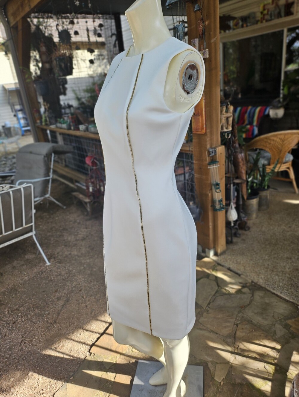 New W Tag Calvin Klein Sleeveless White Sheath Dress with Gold Trim Sz 6